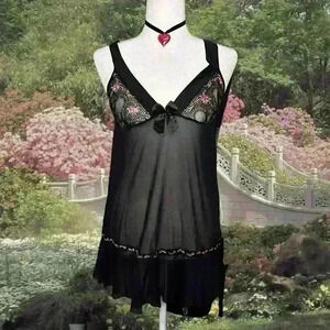 Shirley Of Hollywood Coquette Black Floral Embroidered Slip Size Large